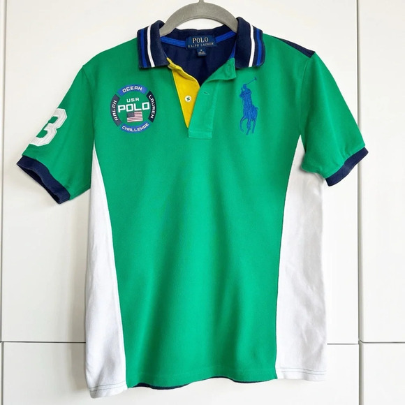 Polo Ralph Lauren Ocean Challenge Polo Big Pony Kids Medium 10-12 Green Blue - Picture 1 of 8